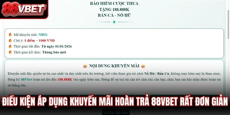 Điều kiện áp dụng khuyến mãi hoàn trả 88vbet rất đơn giản